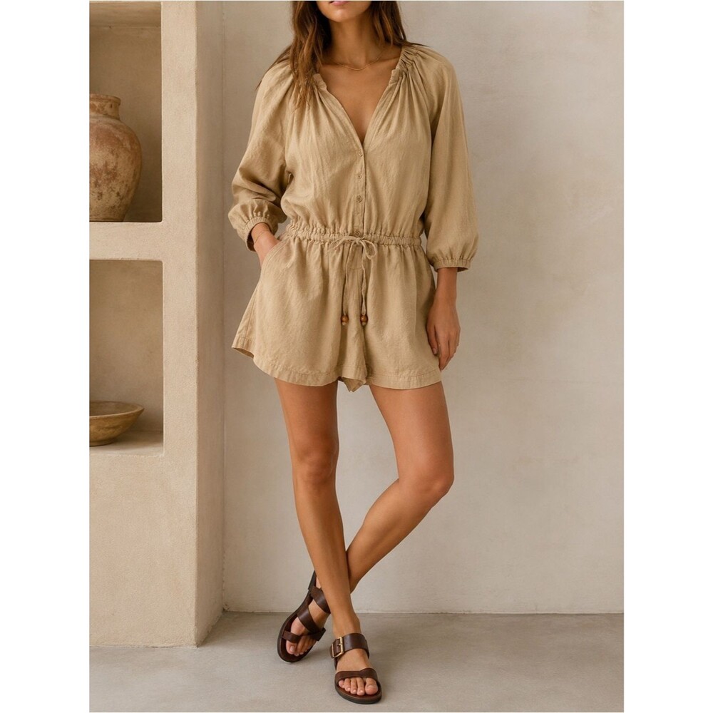 Talulah Cotton Shorts Romper Size Medium Tan Drawstring Waist Boho Long Sleeve